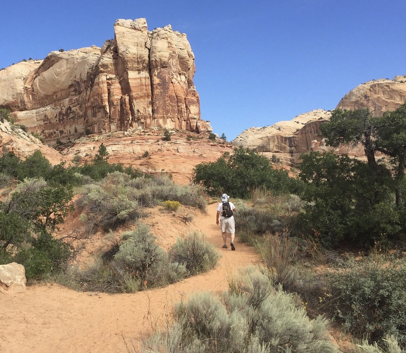 A hiker walking a sandy trail toward a large sandstone butte near Escalante