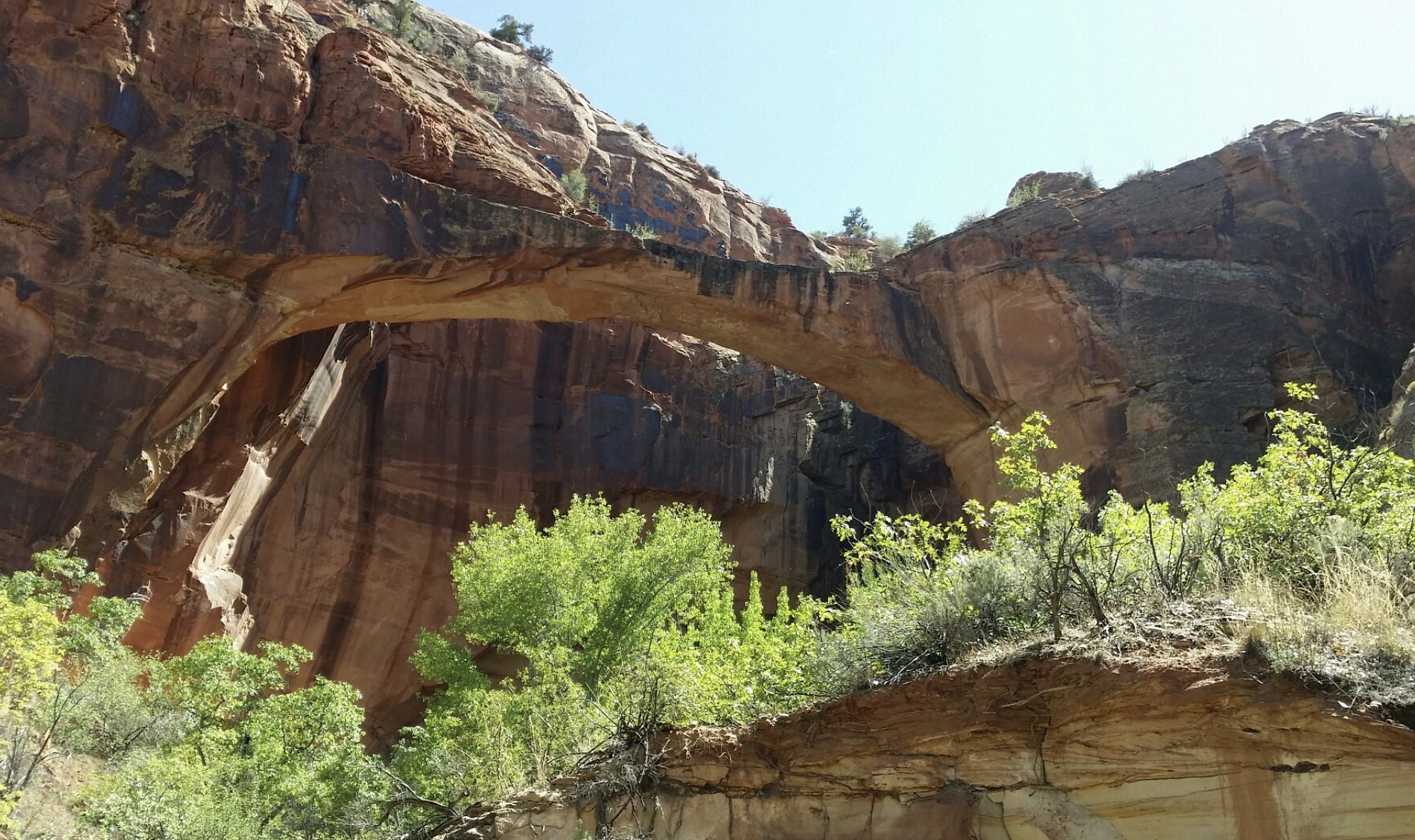 A natural stone bridge spanning a canyon streaked with desert varnish near Escalante