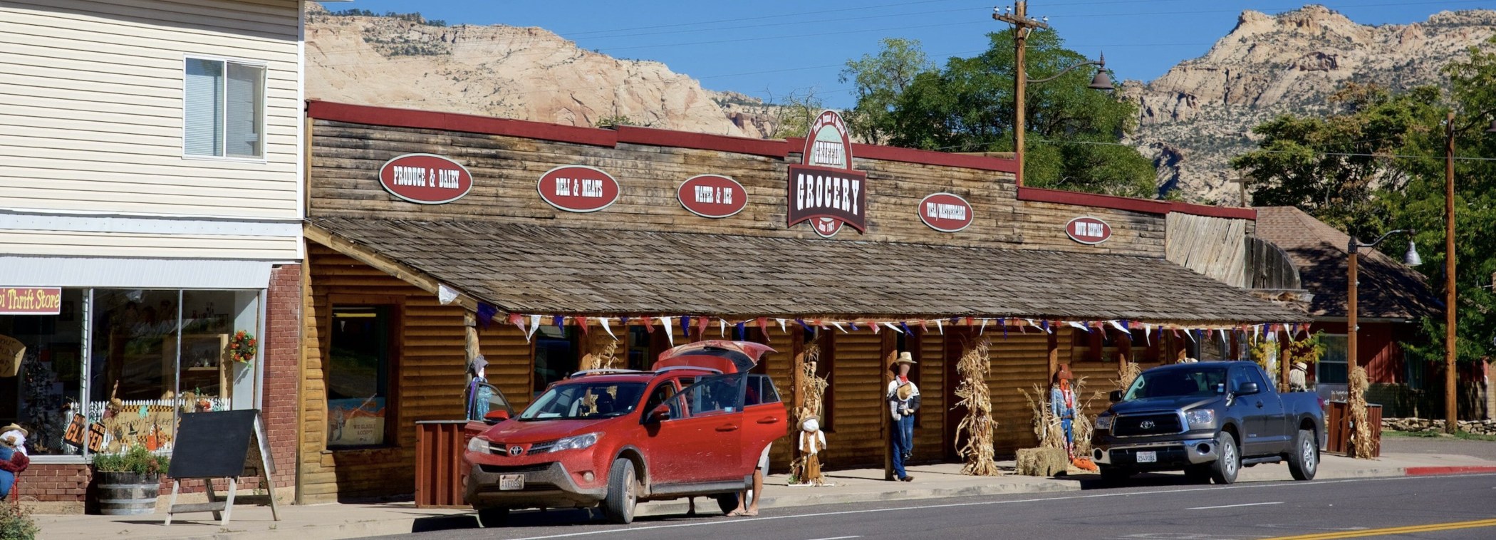 Griffin Grocery storefront on Main Street in Escalante Utah decorated for fall